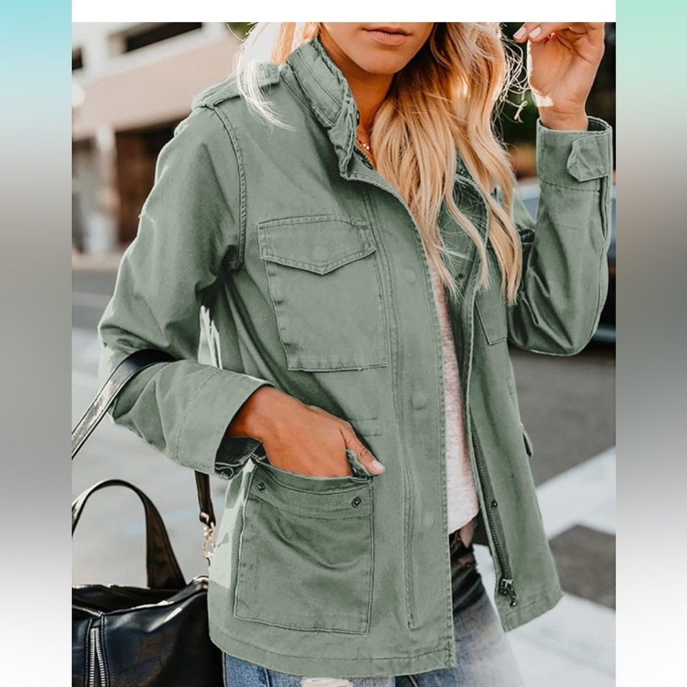 Women’s Military Jacket Zip Up Snap Button with Pockets - Picture 1 of 5